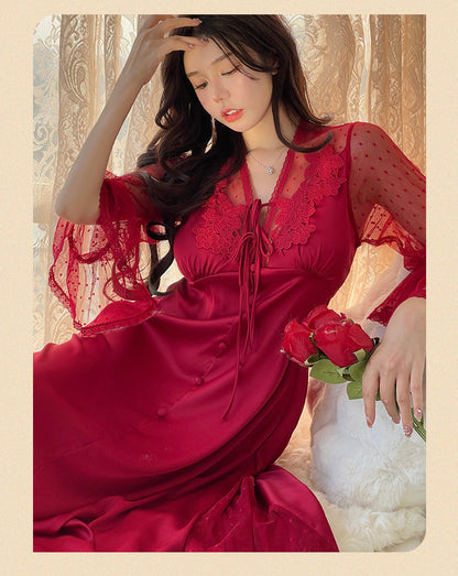 Sexy Pajamas Women's dress Ice Silk French Court with Chest Pad Pure Desire Fairy Nightdress 2025 New Summer