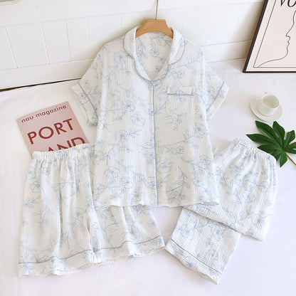 Various Style Spring and Summer Cotton Crepe Pajamas Sweet Three-Piece Short-Sleeved Trousers Spring and Autumn Loose Casual suit