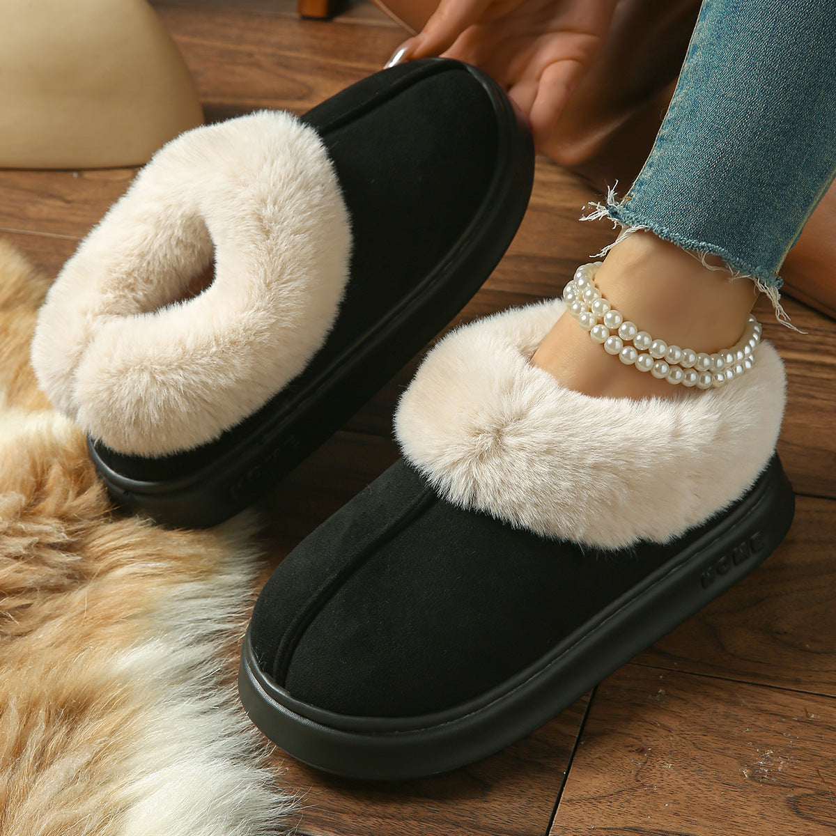 2025 Cross-Border New Pure Color Suede Splicing Home Slippers Thick-Soled Non-Slip Plush Warm Couple Cotton Shoes for Women
