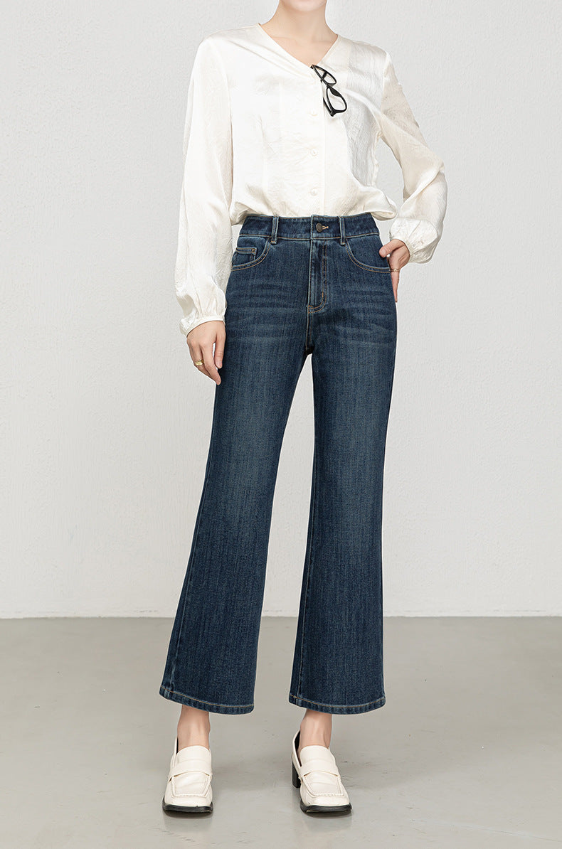 Miaoyu Nine-Point Flared Pants for Women, High-Waisted, Slimming, Nine-Point Jeans, Spring 2026, Four-Way Stretch Bell-Bottom Pants