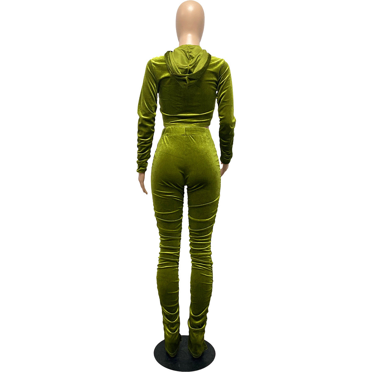F185 European and American Women's Clothing Amazon Spring Two-piece Korean Velvet Solid Color Long Sleeve Navel Pleated Sports Suit