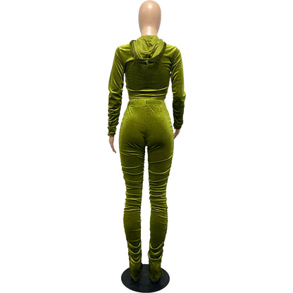 F185 European and American Women's Clothing Amazon Spring Two-piece Korean Velvet Solid Color Long Sleeve Navel Pleated Sports Suit
