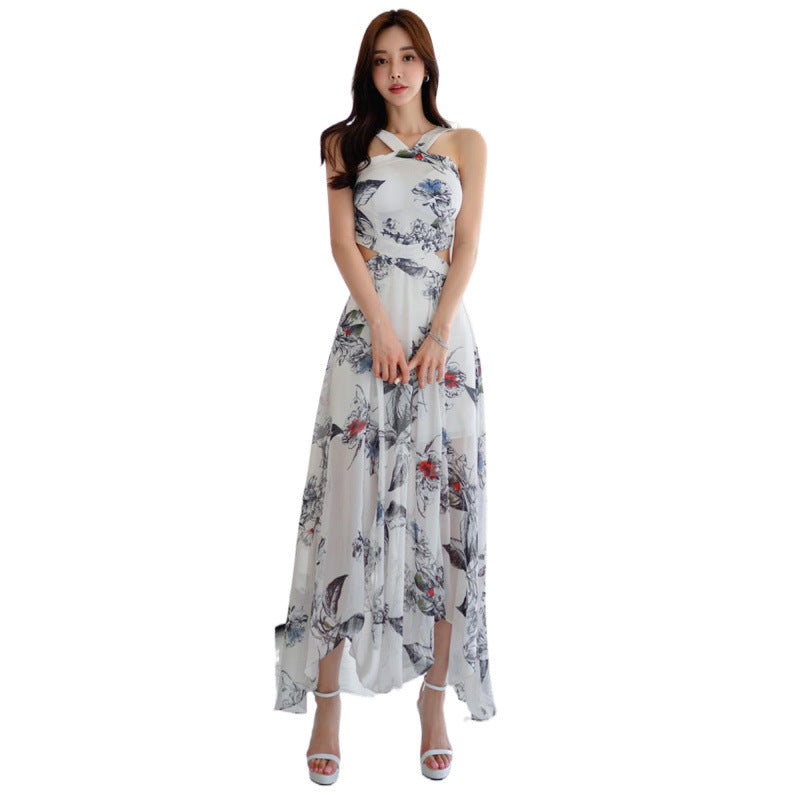 Foreign Trade Women's 2025 Summer New Temperament Sling Long Dress Fashion Waist Chiffon Printed Large Swing Dress dress
