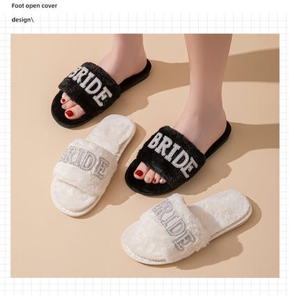 Beide Mrs Ido Pearl Letter Stuffed Slippers Wedding Party Bridal Fur Slippers Cross-Border Popular Cotton Slippers