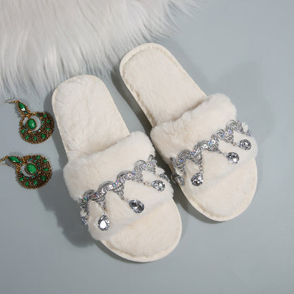 Thick-Soled Furry Slippers for Women in Autumn and Winter Indoor and Outdoor 2025 New Tassel Rhinestone Plush Slippers One-Line Cotton Slippers for Women