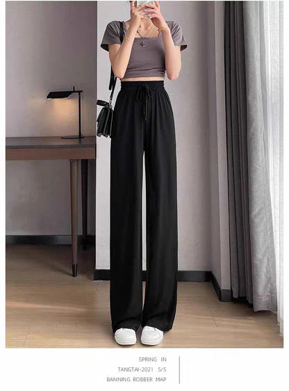 Ice Silk Wide-Leg Pants for Women, Summer Thin High-Waisted Drape Cool Mosquito-Proof Sun-Protective Casual Versatile Floor-Length Straight Pants