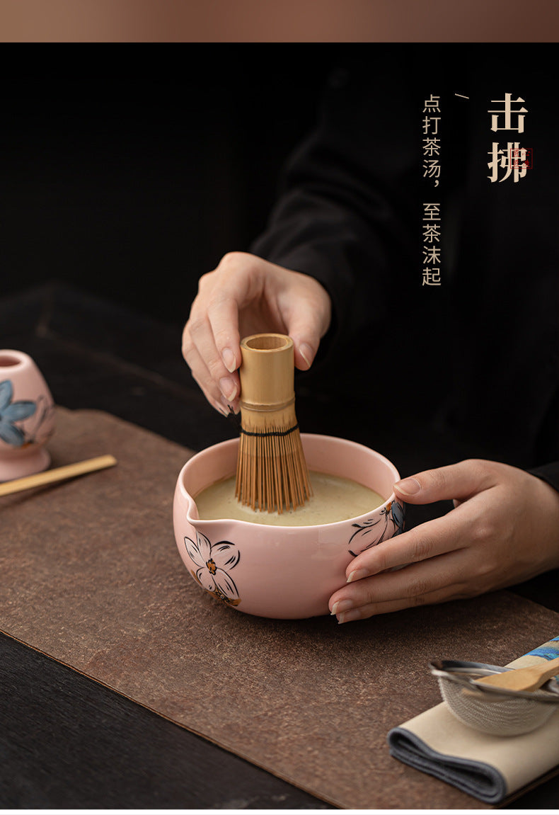 Japanese Tea Ceremony Cherry Blossom Pink Matcha Four-Piece Ceramic Matcha Bowl Tea Whisk Tea Spoon Tea Accessories