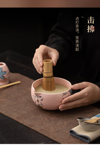Japanese Tea Ceremony Cherry Blossom Pink Matcha Four-Piece Ceramic Matcha Bowl Tea Whisk Tea Spoon Tea Accessories