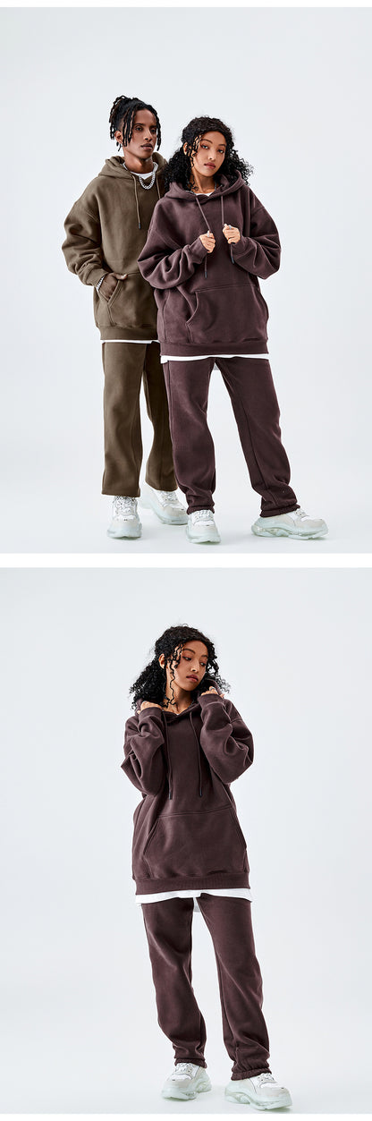 Tilani Men's Clothing European and American Trendy Brand High Quality 350g Fleece-Lined Thick Men's and Women's Hooded Sweatshirt and Sweatpants Pure Color Suit
