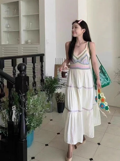 Summer women's national style sling hollow stitching dress new style sling skirt holiday style