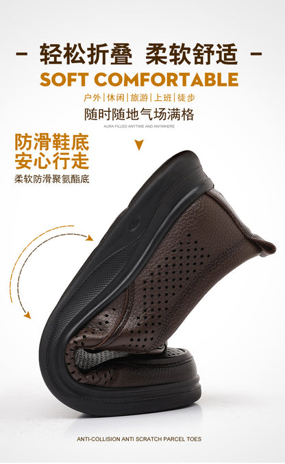 Summer Men's Shoes for Middle-Aged and Elderly People, Genuine Leather Breathable Men's Sandals, Leather Shoes, Soft Soles, Hollow Casual Shoes, Clogs
