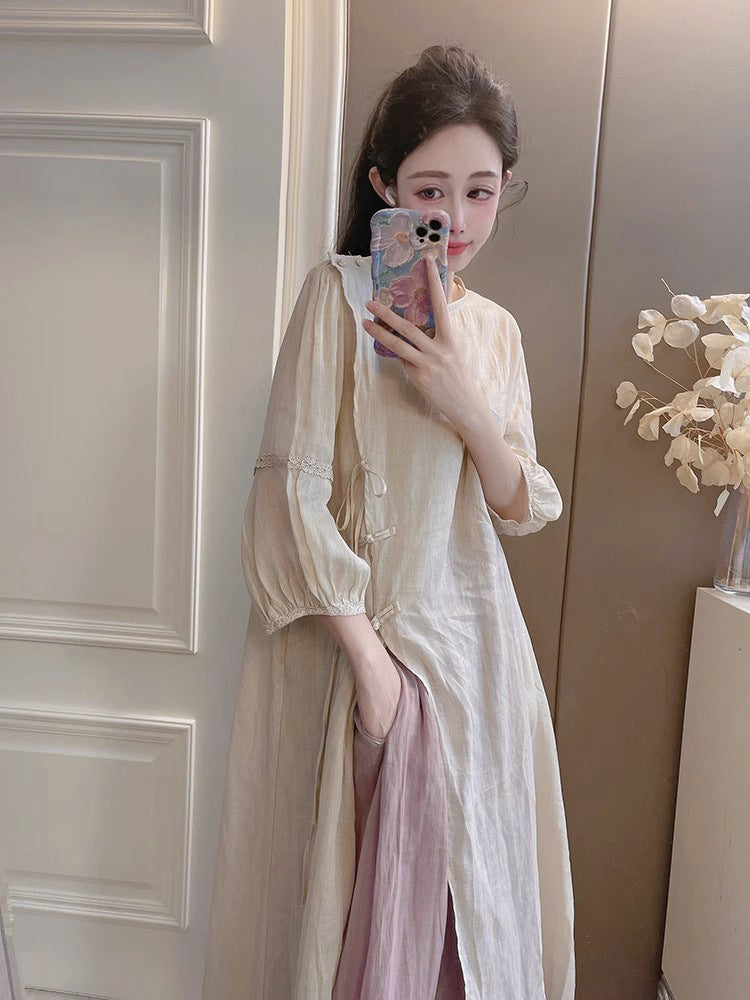 Summer New Style Quality Ramie Handmade Buckle Lace Lace Guofeng dress Double-Layer Skirt suit