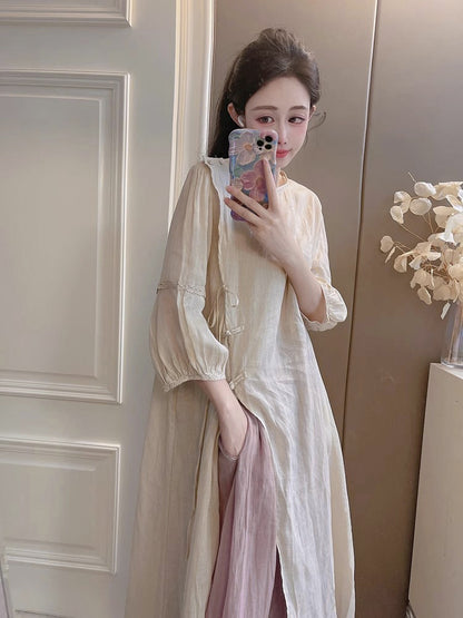Summer New Style Quality Ramie Handmade Buckle Lace Lace Guofeng dress Double-Layer Skirt suit