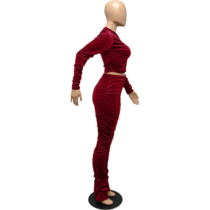 F185 European and American Women's Clothing Amazon Spring Two-piece Korean Velvet Solid Color Long Sleeve Navel Pleated Sports Suit