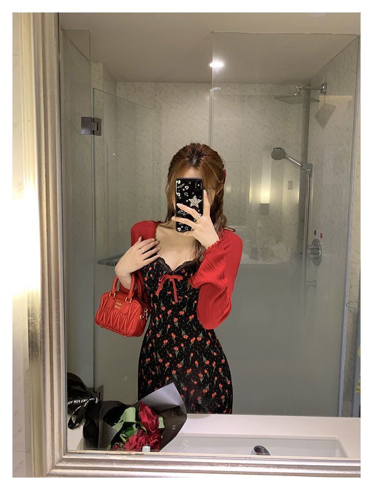 Plus Size Fat mm French Sweet Sexy Sweet Contrasting Suspender Skirt Women's Summer Red Cardigan + Floral Skirt Two-Piece Set
