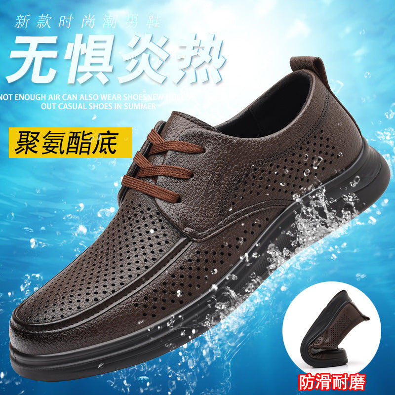 Summer Men's Shoes for Middle-Aged and Elderly People, Genuine Leather Breathable Men's Sandals, Leather Shoes, Soft Soles, Hollow Casual Shoes, Clogs