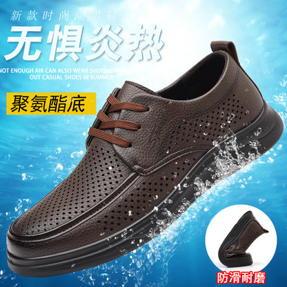 Summer Men's Shoes for Middle-Aged and Elderly People, Genuine Leather Breathable Men's Sandals, Leather Shoes, Soft Soles, Hollow Casual Shoes, Clogs