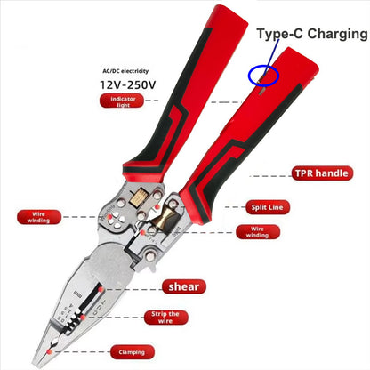 8-in -1 multifunctional wire stripper for electrician with power measurement, wire cutting, cable scissors, multi-purpose wire stripping, wire pressing and wire splitting pliers