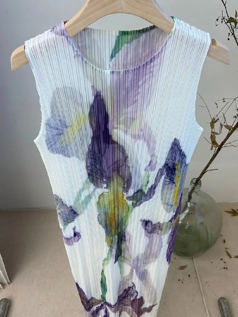 In Stock Miyake Dress Printed Elegant Elegant High-End Loose Slimming Look Elegant Round Neck Sleeveless Pleated Skirt