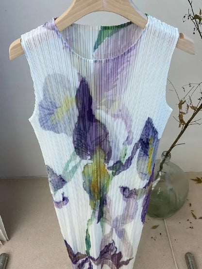 In Stock Miyake Dress Printed Elegant Elegant High-End Loose Slimming Look Elegant Round Neck Sleeveless Pleated Skirt