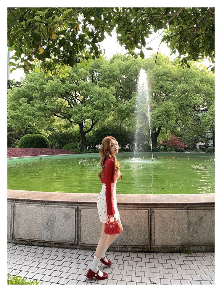 Plus Size Fat mm French Sweet Sexy Sweet Contrasting Suspender Skirt Women's Summer Red Cardigan + Floral Skirt Two-Piece Set