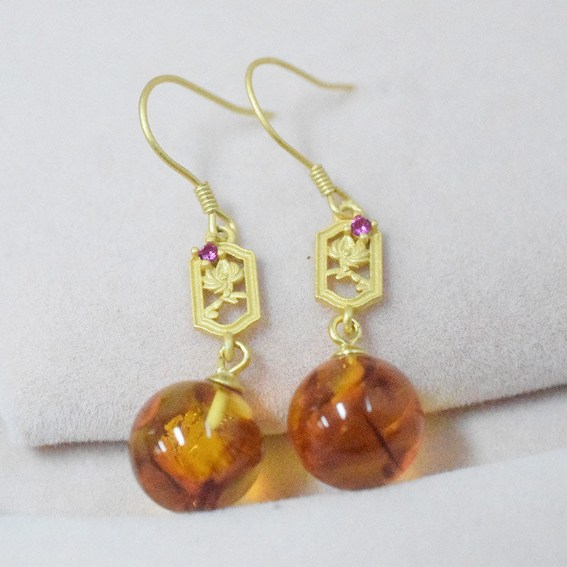 Amber Beeswax Earrings Light Luxury High-end Women's Earrings New Chinese Style National Style Ear Studs Popular Style Natural Real Jewelry