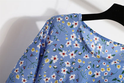 Cross-border Foreign Trade Floral Chiffon Long Dress Women's Spring Dress Long Sleeve Crewneck Base Skirt Waist Slim Long Dress