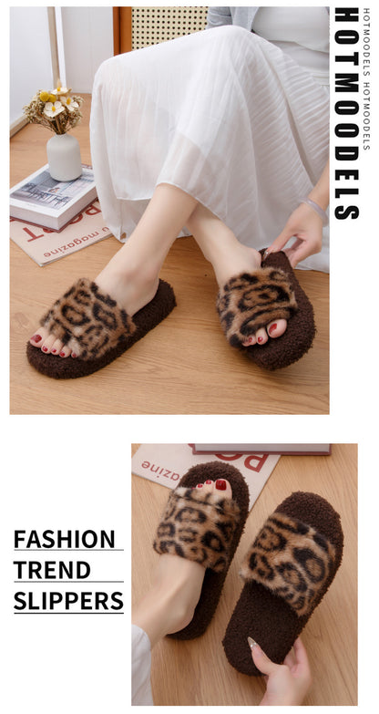 2025 Autumn and Winter Furry Slippers, Leopard Print, Retro Fashion, Home Lazy Soft Sole, Comfortable Home Slippers