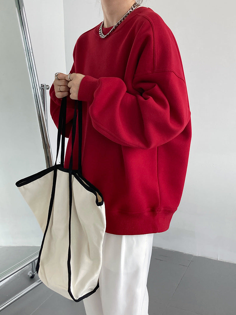 Luxi 2025 Autumn and Winter New Style Velvet Thickeneded Burgundy Sweatshirt for Women Korean Style Normcore Long-Sleeved Pullover Top 2628