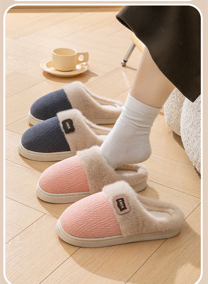 Cotton Slippers for Women, Fashionable Winter Indoor Home Non-Slip Plush Warm Couple Style Fleece-Lined Thick-Soled Cotton Slippers for Men