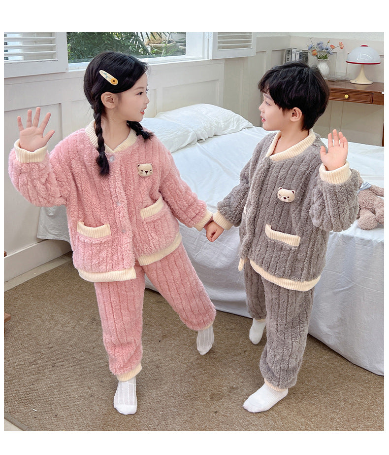 Boys and Girls Pajamas Cotton Velvet Home Clothes Autumn and Winter Children's Winter Pajamas Western Style Thickened Pajamas