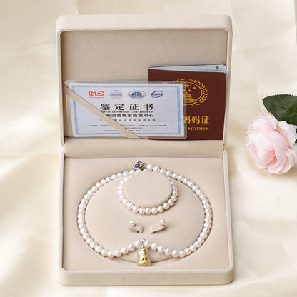 8-9 Natural Freshwater Pearl Necklace, Gold-Inlaid Jade Small Buddha Jade Necklace, Gift for Mom on Mother's Day
