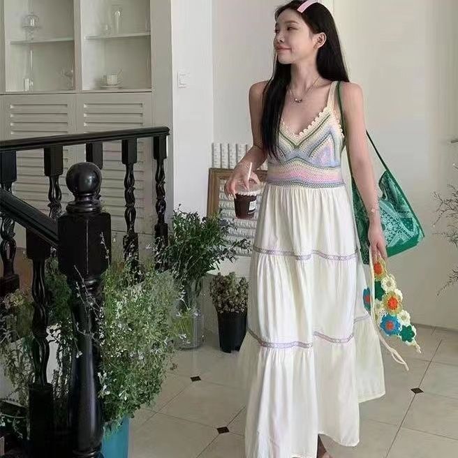 Summer women's national style sling hollow stitching dress new style sling skirt holiday style
