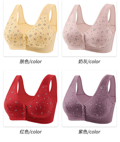 Front Button Middle-Aged and Elderly Large Size Push-Up Bra Thin Underwear Women's Soft Cotton Printed Wire-Free Vest Style Underwear