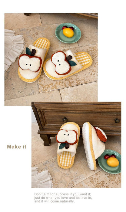 Apple Cute Closed-Toe Plush Cotton Slippers for Women, Winter 2026 New Model, Indoor Home Warm Non-Slip Odor-Resistant