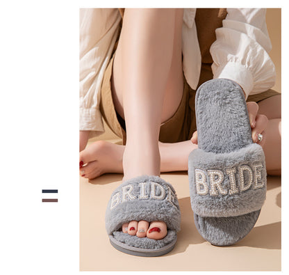 Beide Mrs Ido Pearl Letter Stuffed Slippers Wedding Party Bridal Fur Slippers Cross-Border Popular Cotton Slippers