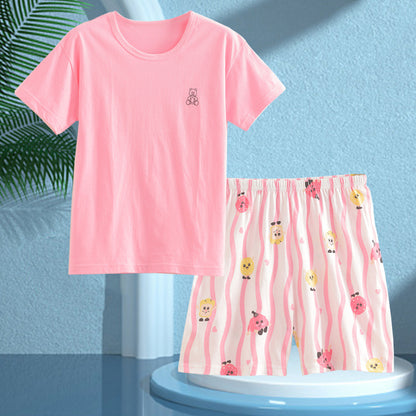 Children's Pajamas, Pure Cotton, Summer Short-Sleeved Shorts Set for Boys, Home Clothes for Girls, Air-Conditioned Clothes for Middle-Aged and Older Boys