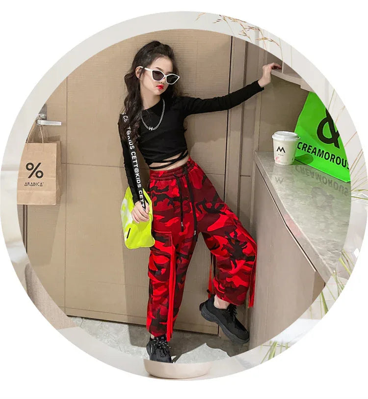 Girls Camouflage Pants Kids Fashion Casual High waisted wide leg pants 2025 Spring Fall ClothesTeen Girl Trousers 8 10 12 14Y