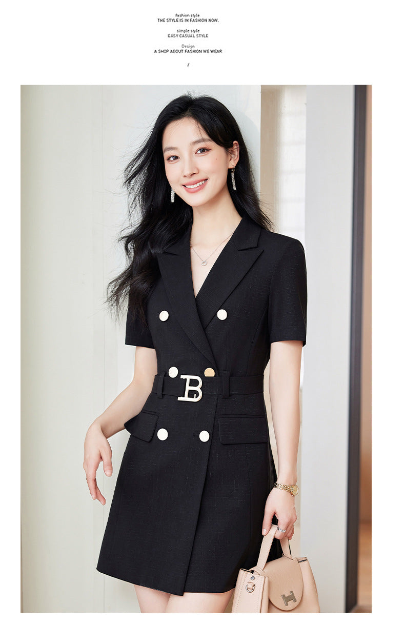 French Hepburn Style Small Black Dress High Sense High Cold Royal Sister Fried Street Small Fragrance Style Pleated Professional Suit dress Summer