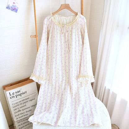 Spring and Summer Long Sleeve Round Neck Lace Sweet Long Dress Women's Thin Cotton Loose Outer Wear Small Floral Home Dress