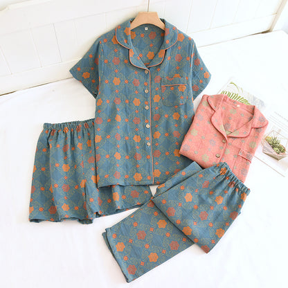 Yarn-dyed cotton pajamas women's summer short-sleeved printed summer retro loose home wear three-piece set can be worn outside
