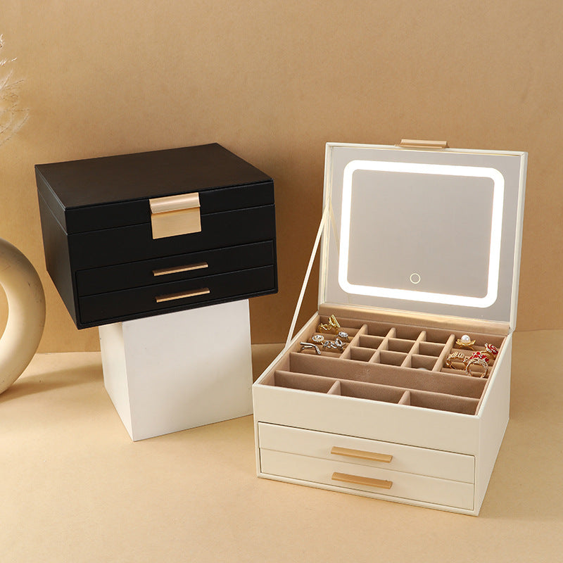 Cross-border PU three-layer cosmetic mirror with LED light high-end jewelry box earring ring necklace bracelet princess jewelry box