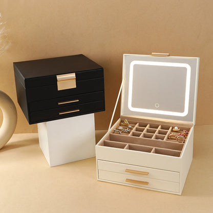 Cross-border PU three-layer cosmetic mirror with LED light high-end jewelry box earring ring necklace bracelet princess jewelry box