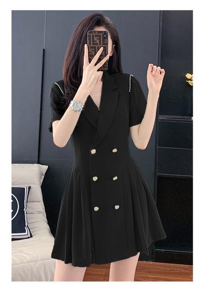 French Hepburn Style Small Black Dress High Sense High Cold Royal Sister Fried Street Small Fragrance Style Pleated Professional Suit dress Summer
