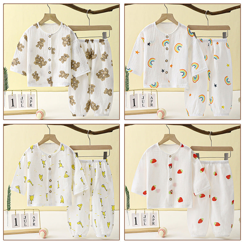 Children's Thin Double-Layer Gauze Pajamas Two-Piece Set Summer Girls Home Clothes Baby Boy Long-Sleeved Bloomers Set