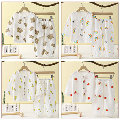 Children's Thin Double-Layer Gauze Pajamas Two-Piece Set Summer Girls Home Clothes Baby Boy Long-Sleeved Bloomers Set