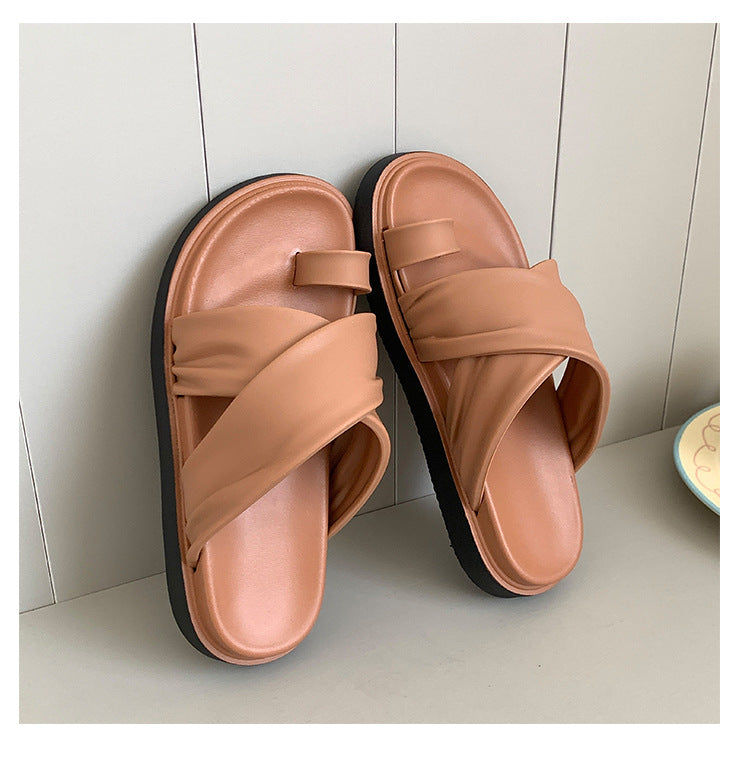 Thick-bottom Slippers Women's 2025 Summer New Beach Outer Wear Cross-belt Cross-border Foreign Trade Flat Beach Sandals