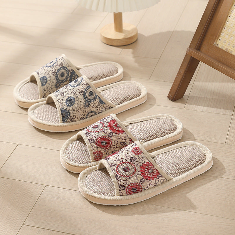New Summer Open-Toe Home Slippers, Non-Slip, for Men and Women, Couples, Indoor, Blue and White Porcelain, Wooden Floor, Light Foam Sole, Cotton and Linen