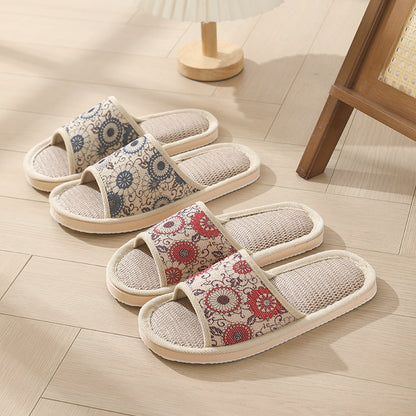 New Summer Open-Toe Home Slippers, Non-Slip, for Men and Women, Couples, Indoor, Blue and White Porcelain, Wooden Floor, Light Foam Sole, Cotton and Linen