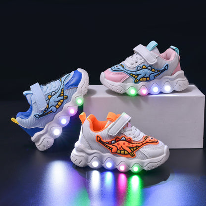 Spring New Style Dinosaur Led Light Sneakers for Boys and Girls Spring & Fall New Mesh Breathable Casual Light Shoes for Children and Middle-Aged Children